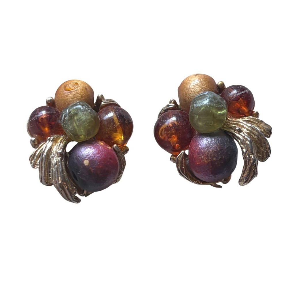 Vintage ART Signed Arthur Peppers‎ Color Bead Cluster Clip On Earrings Gold Tone
